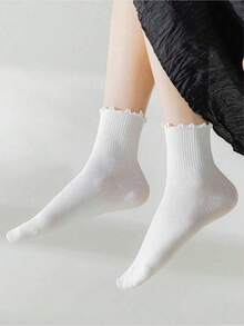 5 Pairs Women's White Cute Ruffle Trim Mid-Calf Socks, Suitable For Daily Wear, Autumn - Multicolor - View 2