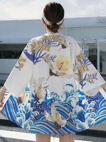 中国风复古可爱学院风仙鹤印花罩衫，和服外套，夏季沙滩比基尼罩衫，防晒外套 - 白色 - 查看 1