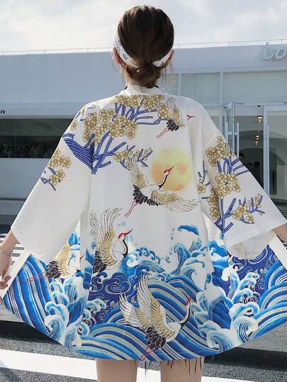中国风复古可爱学院风仙鹤印花罩衫，和服外套，夏季沙滩比基尼罩衫，防晒外套