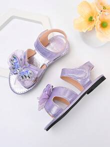 2026 New Girls' Princess Style Purple Mesh Rhinestone Butterfly Sandals, Summer Hook And Loop Non-Slip Performance Shoes - Purple - View 3