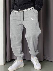 Men's Casual Eagle Print Fleece Jogger Pants With Pocket And Drawstring - Màu Xám nhạt - Xem 2