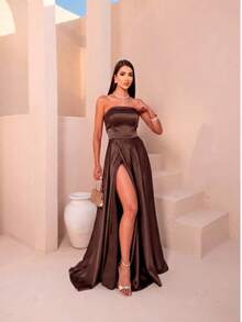 Long Strapless Dress For Graduation, Party, Wedding, Evening - Óxido marrón - Ver 3