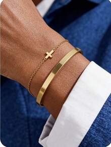 2pcs/Set Gold Stainless Steel 18K Gold Plated Cross Pendant Bracelet & C-Shape Bangle Set, Men's Business Minimalist Versatile Suitable For Daily Wear, Sports, Dates, Holidays - Gold - View 1
