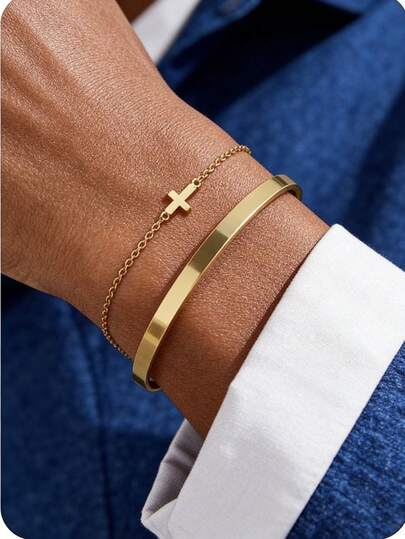 2pcs/Set Gold Stainless Steel 18K Gold Plated Cross Pendant Bracelet & C-Shape Bangle Set, Men's Business Minimalist Versatile Suitable For Daily Wear, Sports, Dates, Holidays