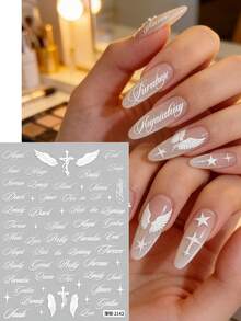 2pcs White English Letter Character Punk Rock Style Italic Calligraphy Wing Nail Stickers, Minimalist DIY Nail Art Decor For Women & Girls - White - View 5