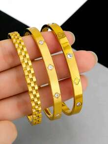 1件/3件装极简不锈钢链手链/四叶花水钻设计金色手镯，男士奢华日常商务休闲叠戴配饰，情人节专属礼物 - 金色 - 查看 2