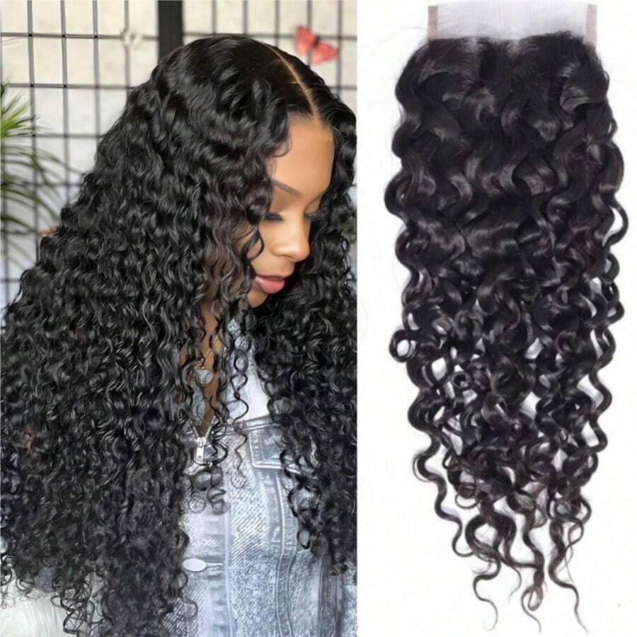 ZHENDEFA 4x4高清透明蕾丝发片，水波纹发片，真人发自由分缝蕾丝发片，未经加工的巴西原生真人发接发，150%密度，自然黑