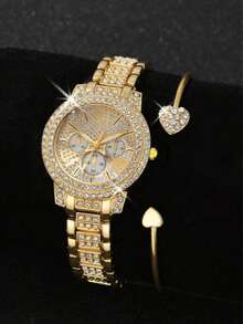 6件套女士不锈钢表带套装，时尚、休闲、优雅、经典、复古，三孔表盘，简约刻度，镶钻表盘，女士石英表，心形手链项链，耳环，戒指首饰套装，适合日常佩戴、装饰、节日礼物、送给朋友和母亲的礼物、情人节礼物。 - 金色 - 查看 8