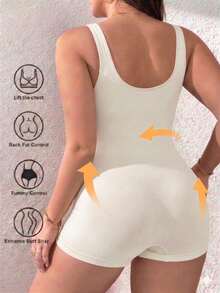 1pc Women's Beige Seamless Square Neck Jumpsuit, Slimming Shapewear, High Elasticity Breathable Fabric Suitable For Summer Daily Wear - Beige - View 2