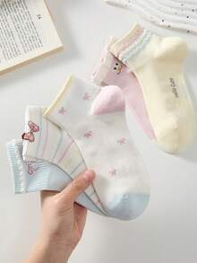 5 paires de chaussettes courtes pour femmes avec nœud et motifs d'expressions mignons, respirantes et antidérapantes, convenant pour le printemps et l'été - Multicolore - Voir 4