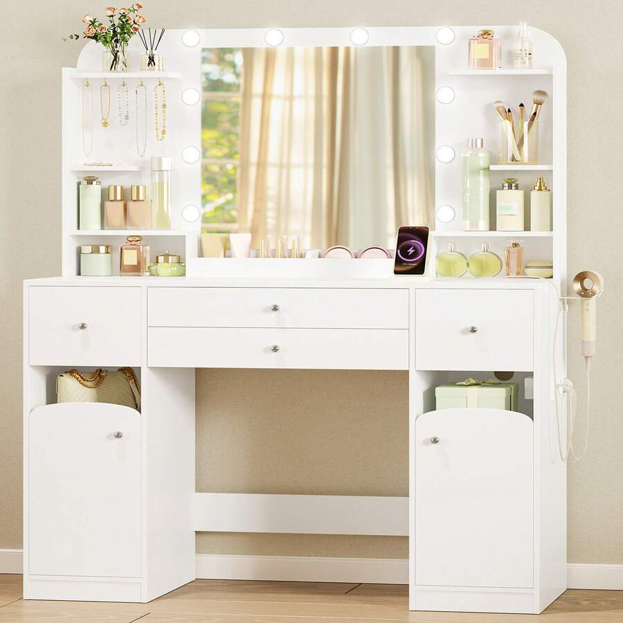 HaluPeit Vanity Desk With HD Mirror And Led Light, Makeup Vanity With Power Strip, 42.5'' Large Tabletop, Dressing Table With 4 Drawers, 2 Open Storage Cabinets, With Jewelry Storage, White - 白色 - 查看 1