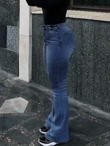 Jeans elásticos de tiro alto con efecto desgastado y acampanados, de uso casual para primavera - Azul lavado oscuro - Ver 5