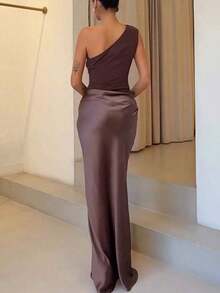 Women's Elegant Solid Color Pleated Backless Satin Patchwork Maxi Dress, Suitable For Outings, Parties, Cocktail Events, Wedding Guests, And Vacations - 摩卡棕 - 查看 5