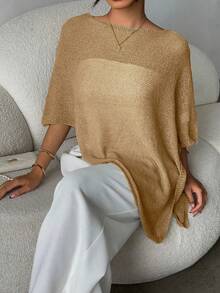 时尚优雅宽松针织披肩开衫，女款，宽松版型，轻盈舒适，款式多样，适合春夏日常穿着、休闲旅行、海滩度假等场合。 - 駝色 - 查看 5