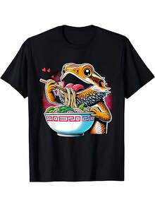 Camiseta Anime Crested Lion Lizard Ramen - Estampado de lobo leonado con cresta de anime y tazón de ramen, camiseta unisex casual de cuello redondo, tallas S-XXXL, negra - Un regalo divertido para Navidad, Halloween, entusiastas de las caminatas y fans, adecuada para todas las estaciones (100% algodón). - Negro - Ver 12
