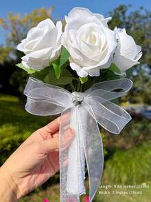 Bó hoa cưới pha lê hình trái tim 10 inch, nơ ren, hoa hồng lụa, phụ kiện trang trí lễ cưới, quà tặng tốt nghiệp, dạ hội. - Nhiều màu - Xem 37