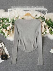 Spring/Summer New Fashionable Drawstring Tie Neck Long Sleeve Cropped Top Women, Open Slit Flare Sleeve Fitted Slim Blouse, Chic Casual Wear Showing Collarbone - Grey - View 5