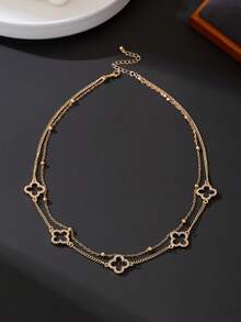 1件欧美度假风多层锁骨链，奢华微镶钻石镂空四叶草双层金项链，男士款 - 金黃色 - 查看 3