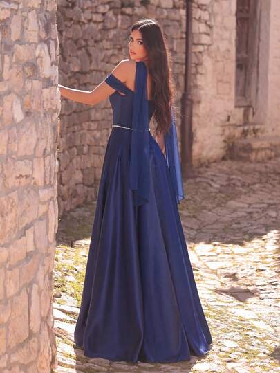 Faeriesty Women's Elegant Off Shoulder Satin Evening Dress - With Waist-Cinching Bust Design And Draped Neckline, Waist Accented With Faux Pearl Decor, Long Flowing Dress, Suitable For Red Carpet, Formal Weddings, Luxury Galas And Formal Balls Party Spring