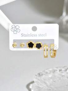 3 Pairs Stainless Steel Micro-Inlaid Diamond Flower Stud & Hoop Earrings Set, Fashionable & Versatile For Daily Wear - Multicolor - View 5