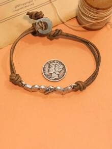 1 件复古经典波西米亚皮革绳金属心形手链，情侣礼物，海滩度假旅行日常服装配饰 - 棕色 - 查看 4