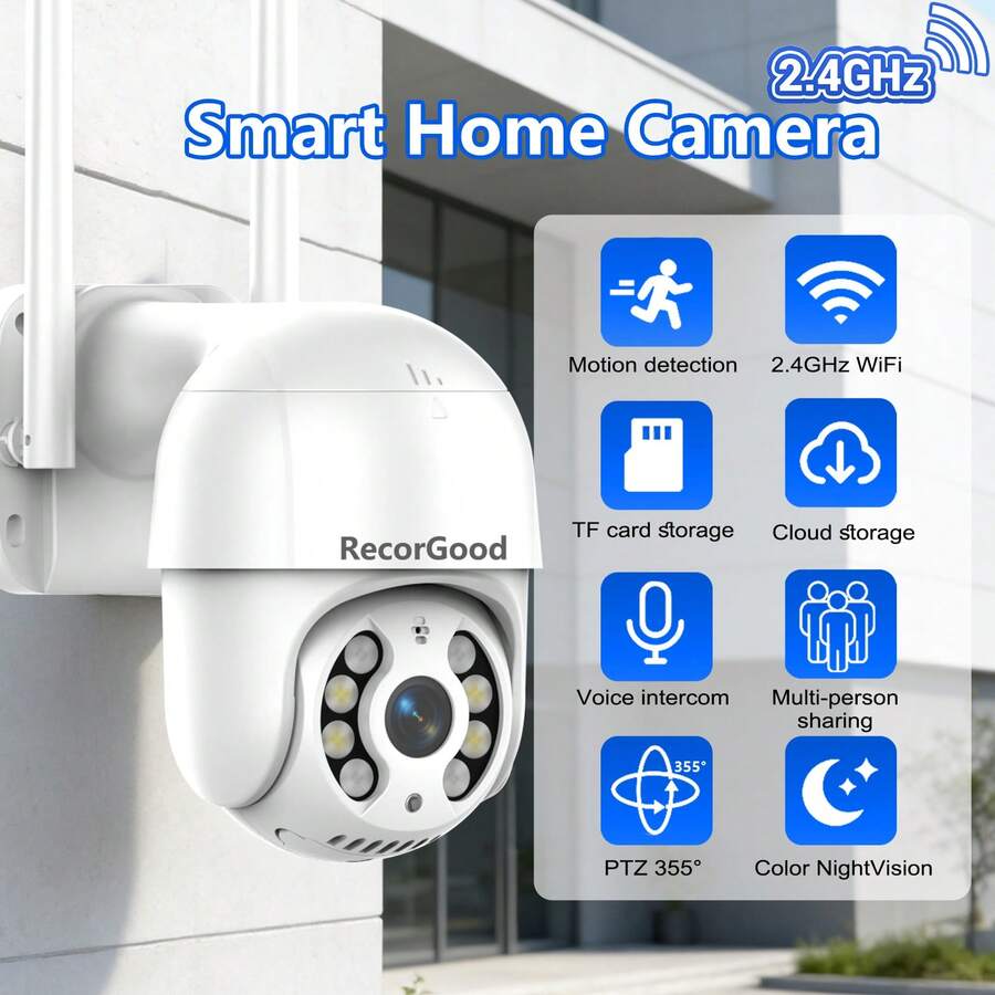 RecorGood YOOSEE 1个1080P 2.4G WiFi户外无线安防摄像头，采用5V低功耗和白色ABS外壳，具备移动侦测、双向语音和3种夜视模式，适用于家庭安防、宠物监控，也是圣诞节或万圣节装饰和礼物的绝佳选择。