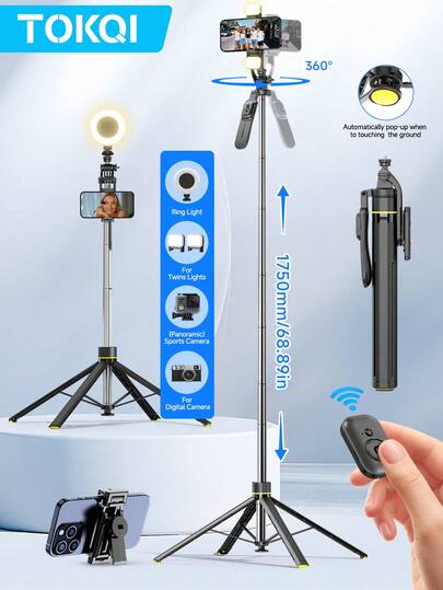 TOKQI 2026新款加长自拍杆，带自动开合三脚架、360°旋转手机支架、蓝牙遥控器、可拆卸手持支架及补光灯，三合一便携式不锈钢稳定器，适用于户外录像、旅行Vlog、视频拍摄
