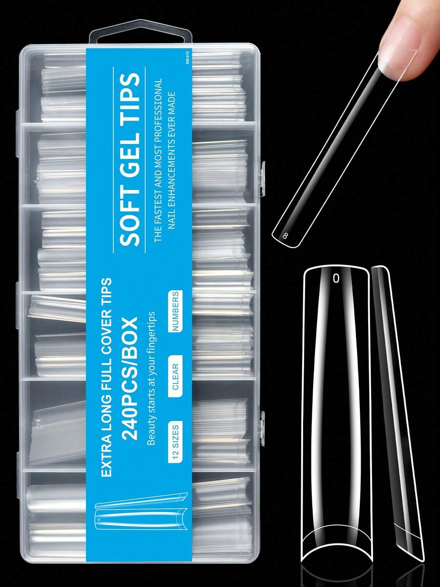 240pcs Clear Half-Cover Fake Nails, 12 Sizes French Acrylic False Nails With Box, Suitable For Nail Salons And Home Use - Clear - View 1