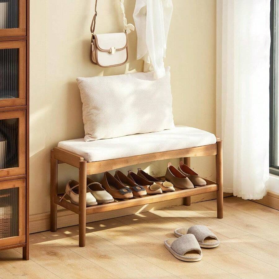 Shoe Bench Entryway Bamboo 2-Tier Shoe Rack With Cushion Padded Seat Shoe Bench Organizer Stable For Entry, Hallway, Living Room, Bedroom, Closet (31.5 * 11.4 * 16.5IN, Brown-Beige) - Nâu be - Xem 1