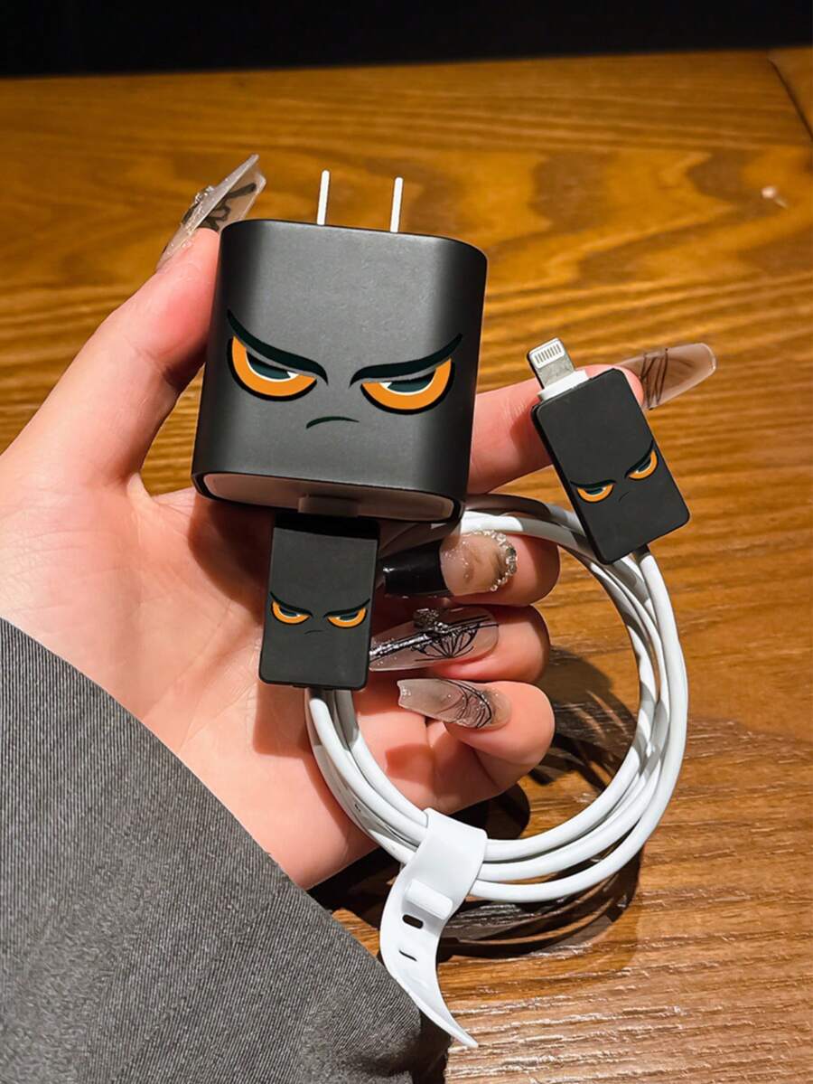 4 piezas Cubierta de adaptador de carga con ojos enojados, Juego organizador de cable de datos - Adaptador de carga 20W/18W, Cubierta de cabezal de adaptador, Compatible con iPhone 11/12/13/14/15/16/13 Pro Max/16 Pro Max/17 Pro Max - Negro - Ver 1