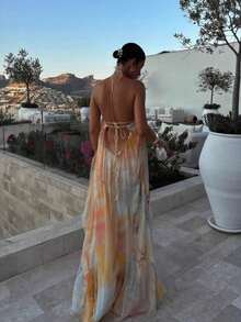 Tie-Dye Halter Straight Maxi Dress, Lightweight Breathable Chiffon Long Dress, Spring Summer Vacation, Date & Casual Wear Gradient Watercolor Halter Neck Maxi Dress, Flowy Chiffon Straight Dress, Perfect For Beach Vacation, Party & Evening Gala - 圖片色(25171) - 查看 4