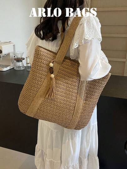 Simple Solid-Color Large-Capacity Commuting Straw Bag, Artistic Wide-Braid Handheld Woven Vacation-Style Beach Bag, Shoulder Bag, Solid Khaki Color Women's Shoulder Bag, Elegant Women's Bag, Woven Urban Minimalist Style, Straw Casual Travel Style, College Women's Shoulder Bag, Handbag, Tote Bag