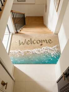 1pc Beach Wave + "Welcome" Slogan Doormat, Floor Mat, Small Rug, Welcome Mat, Carpet, Doormat, Outdoor Doormat, Kitchen Rug, Home Decor, Front Door Mat, Area Small Rug, Outdoor Mat, Home Decor, Area Rug, Garden Rug, Washable Carpet - Multicolor - View 2