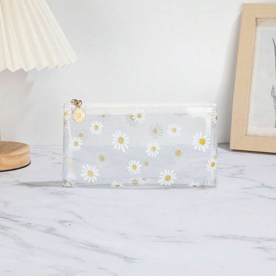 Monedero transparente blanco con crisantemo, bolso de mano minimalista y bonito con diseño floral - Blanco - Ver 1