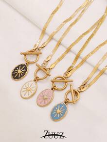 1对朋克风不锈钢项链，女士镀金珐琅粉色、黑色、白色、蓝色几何椭圆太阳吊坠项链，适合女性日常佩戴 - 項鍊 - 查看 6