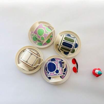 1 Set Retro Middle Eastern Style Ceramic Stemware Cup & Saucer Set, 260ml/8.8oz Minimalist Geometric Pattern Mugs, Creative Latte Coffee And Milk Cups, Suitable For Restaurant, Party, Kitchen, Dining Table, Essential For Gatherings And Holiday Gifts