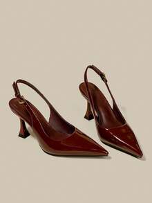 女士高跟鞋，酒红色漆皮，细高跟，尖头，包头，优雅正式时尚搭扣派对礼服鞋，办公室搭扣踝带高跟鞋 - 酒紅色 - 查看 6