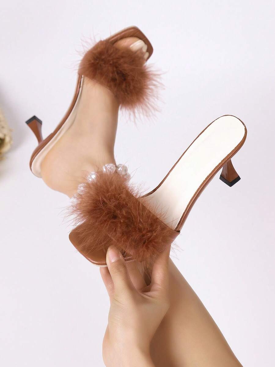 Women's High-End Fluffy Faux Feather High Heel Slide Sandals, Elegant Stiletto Mule Slippers, Brown Square Toe Strap Slip-On Sandals, Lightweight & Comfortable Thin Heel Backless Mules, Versatile Fashion Beach Flip Flops For Dates & Outings - Brown - View 1