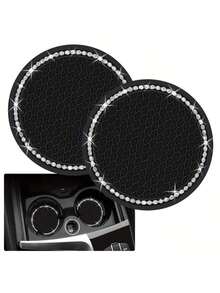 2 Pieces Of Glossy Black Silicone Car Cup Mats, With Crystal Rhinestone Edges – 2.75inch Non-Slip Design, Compatible With Car Cup Holders, A Fashion Accessory Specially Designed For Women And Girls, Car Cup Mats - 彩色 - 查看 6