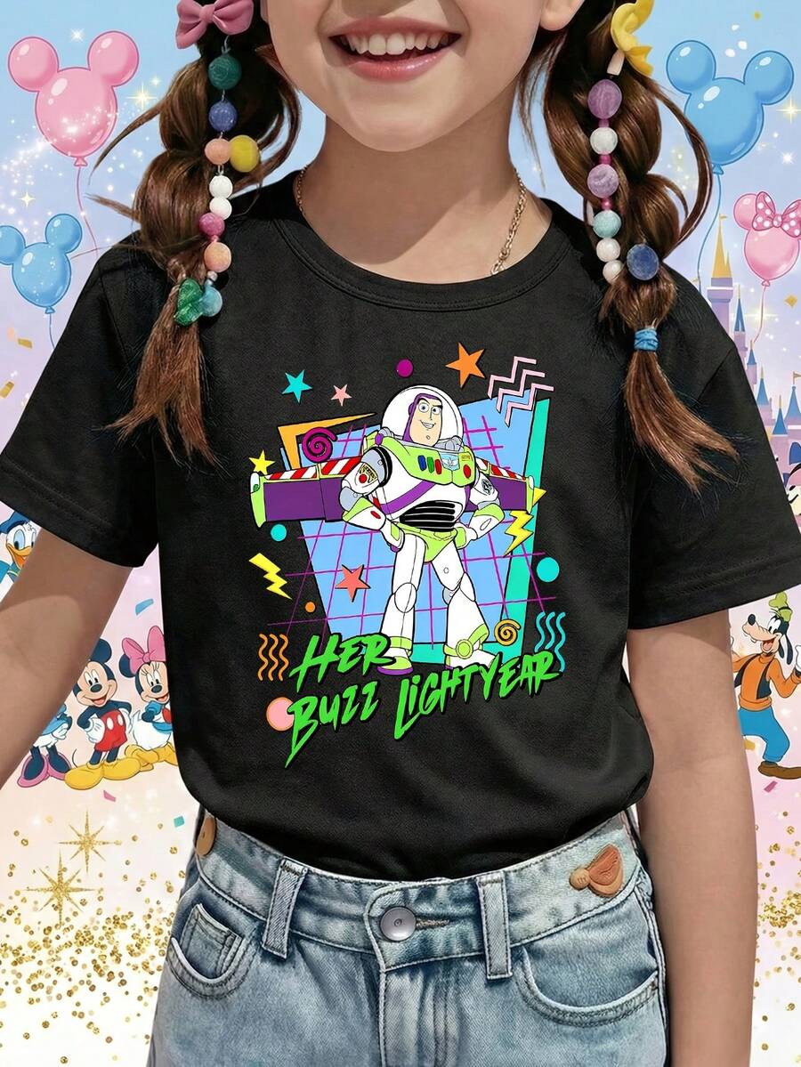 Disney DIS Pixar Toy Story Her Buzz Retro Neon Aesthetic Printed Pattern T-Shirts For Girls - Children's Clothing Design Short-Sleeved Casual And Cute Style Comfortable And Casual Wear All Year Round Suitable For Parties And Play Machine Washable Gift Children's Clothing Girls' Short-Sleeved Shirts - 黑色 - 查看 1