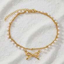 1pc Women's Minimalist Geometric Design Double-Layer Pearl Bow Anklet Accessory - Multicolor - View 3