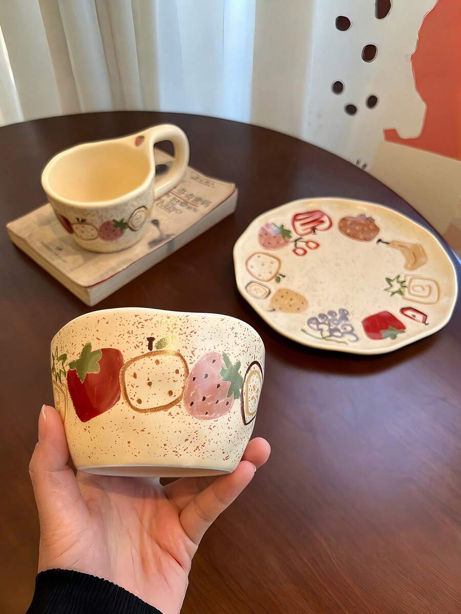 1pc Hand-Painted Graffiti Fruit Ceramic Coffee Cup & Saucer, Milk Mug, Rice Bowl, High-Quality Dessert Plate, Gift - Multicolor - View 1