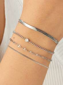 一套时尚简约四件套链式手链，镶嵌钻石，镀金不锈钢材质，百搭手饰套装，适合日常佩戴 - 鏈條 - 查看 7