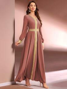 Gilt Belt Long Sleeve Ultra Long Women's Arabian Dress - Coral Orange - View 3