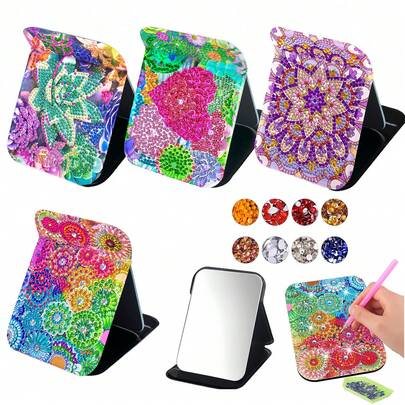 1pc Diamond Painting Kit With Large Mirror, Mandala & Lotus Flower Patterns, PU Leather Material With Partial Mosaic Handcraft, Suitable For Dorm Desk Makeup Use And Travel Makeup Touch-Ups