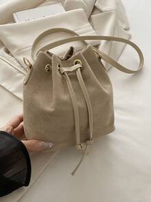 Women's Drawstring Mini Bucket Bag, Quilted Casual Outdoor Shoulder Bag - Khaki - View 4