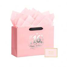 16th Birthday Gift Bag Set - Elegant Pink Paper Bag Containing 2 Sheets Of Gift Wrapping Paper And 1 Greeting Card. Reusable Happy Birthday Gift Bag, Suitable For Ladies Anniversary Party Favors - Fashionable Women Gift Packaging. - 16 - View 10