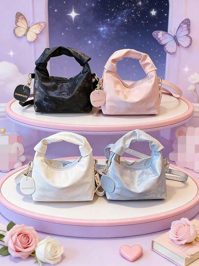 1pc This Stylish Solid-Color Crescent-Shaped Handbag Features A Zipper Closure And An Adjustable Shoulder Strap With Mini Pleats. Suitable For Various Occasions, It'S Versatile And Versatile, Ideal For Outdoor Activities, Playtime, Commuting, And More. It'S The Perfect Gift For Teenagers.