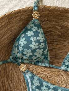 Bikinx Women's Cute High Waist Khaki Ditsy Floral Bikini Set, Tie-Back Design - Green - View 3