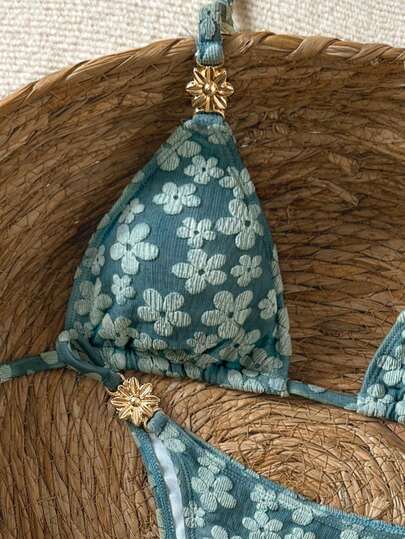 Bikinx 女士可爱高腰卡其色碎花比基尼套装，系带后背设计